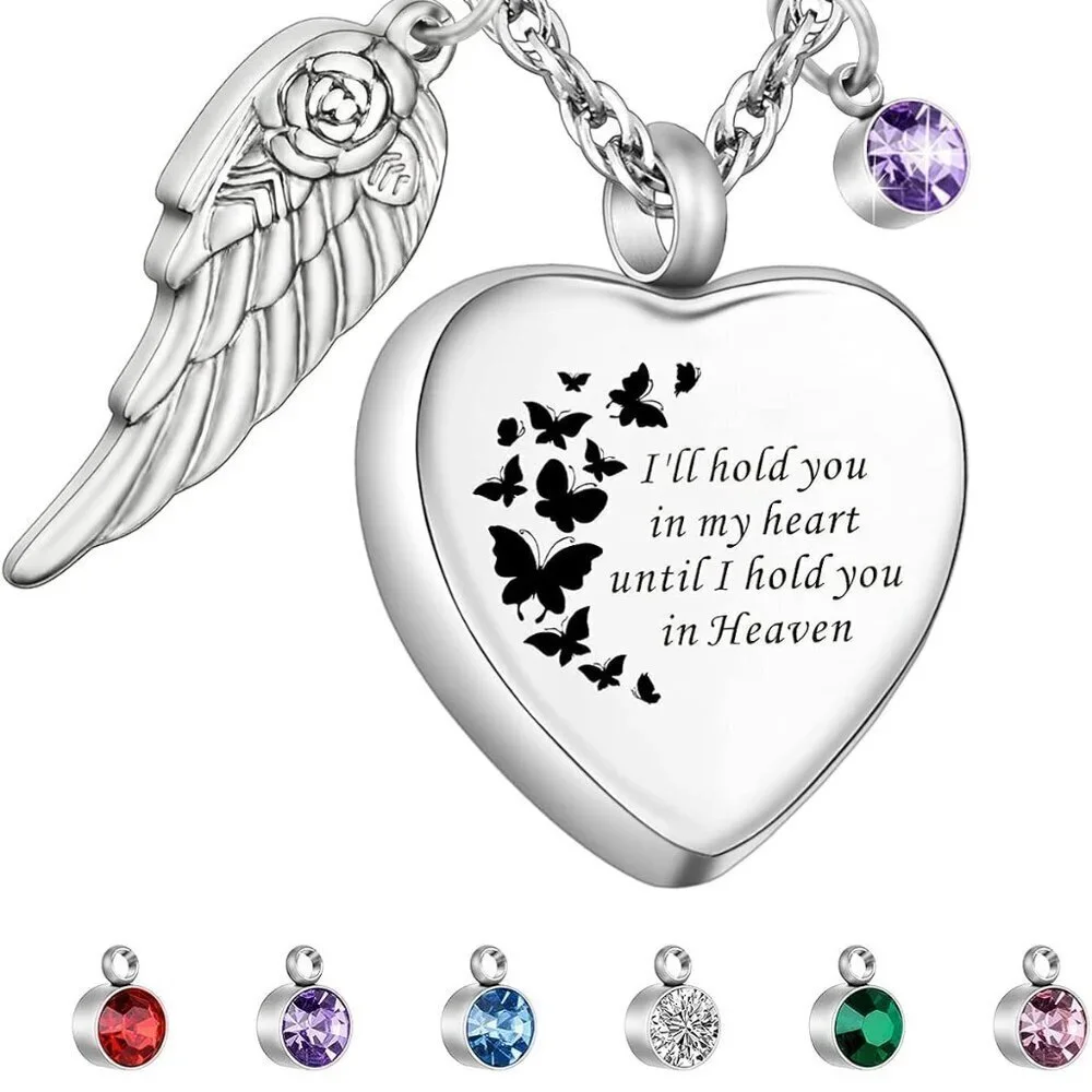 Heart Cremation Jewelry with Birthstones Stainless Steel Memorial Necklace Women